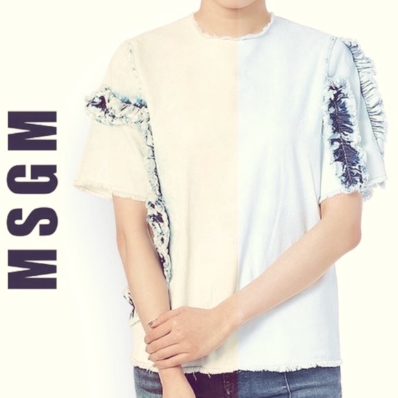 MSGM Tops - MSGM MILANO Denim Acid Wash Tie Dye Distressed Ruffle Raw Edge Fringe Top 42 8